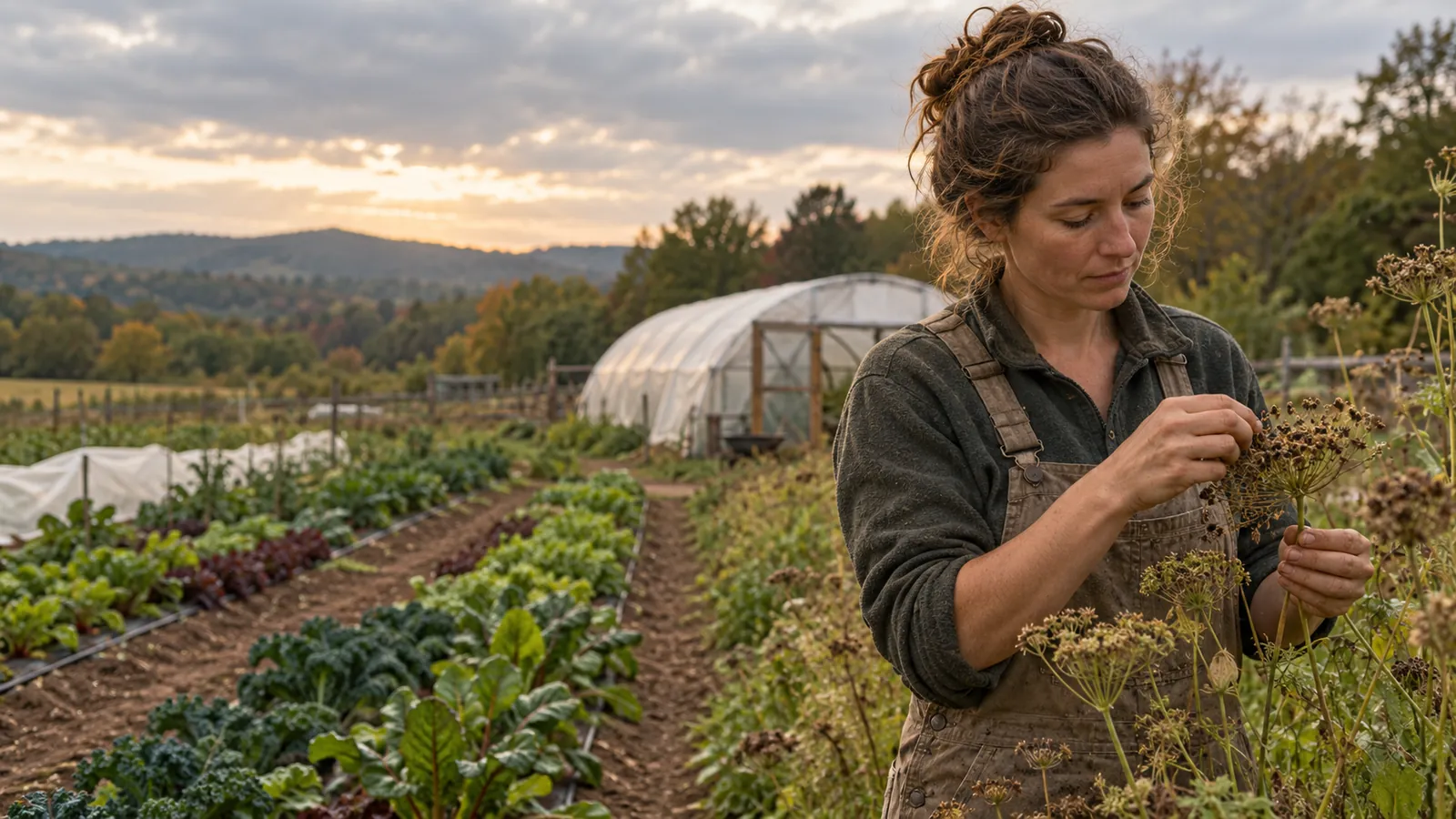 A grower working among seed heads in a market garden