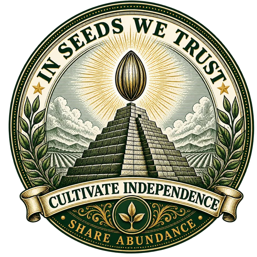 The In Seeds We Trust seal: a glowing seed above a stepped pyramid over farm fields, ringed by the words In Seeds We Trust, Cultivate Independence and Share Abundance